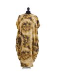 Made In Italy Fossil Print Pocketed Cotton Lagenlook Cocoon Dresss-Mustard back