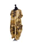 Made In Italy Fossil Print Pocketed Cotton Lagenlook Cocoon Dresss-Mustard side
