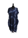 Made In Italy Fossil Print Pocketed Cotton Lagenlook Cocoon Dresss-Navy