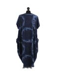 Made In Italy Fossil Print Pocketed Cotton Lagenlook Cocoon Dresss-Navy back