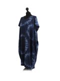 Made In Italy Fossil Print Pocketed Cotton Lagenlook Cocoon Dresss-Navy side