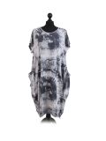 Made In Italy Fossil Print Pocketed Cotton Lagenlook Cocoon Dresss-Silver