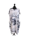 Made In Italy Fossil Print Pocketed Cotton Lagenlook Cocoon Dresss-White