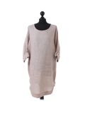 talian Leopard Print Ribbed Sides Linen Lagenlook Top-Beige