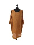 talian Leopard Print Ribbed Sides Linen Lagenlook Top-Mustard