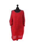 talian Leopard Print Ribbed Sides Linen Lagenlook Top-Red