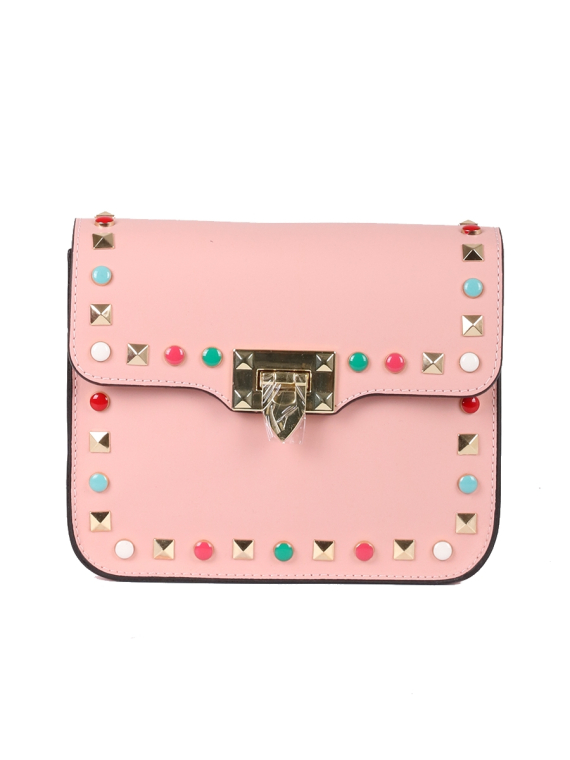 Italian Beaded Leather Shoulder Bag-Baby pink