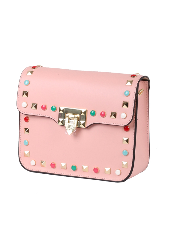 Italian Beaded Leather Shoulder Bag-Baby pink side