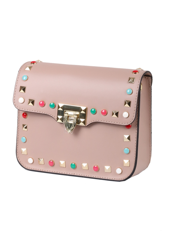 Italian Beaded Leather Shoulder Bag-Nude side