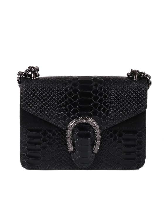 Italian Crocodile Print Chain Shoulder Strap Leather Bag-Black