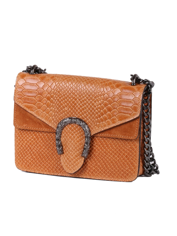 Italian Crocodile Print Chain Shoulder Strap Leather Bag-Camel side