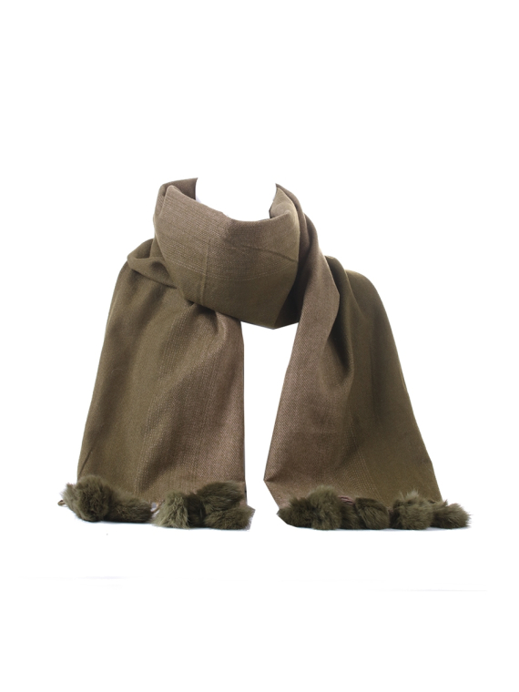 Italian Multi Shades Pom Pom Woolen Scarf-Khaki