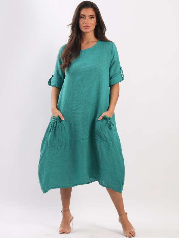 Wholesale Plus Size Plain Front String Pockets Linen Lagenlook Slouchy Dress