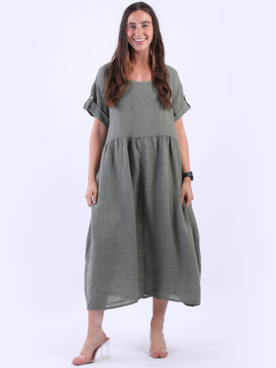 Italian Plain Linen Lagenlook Plus Size Midi Swing Dress