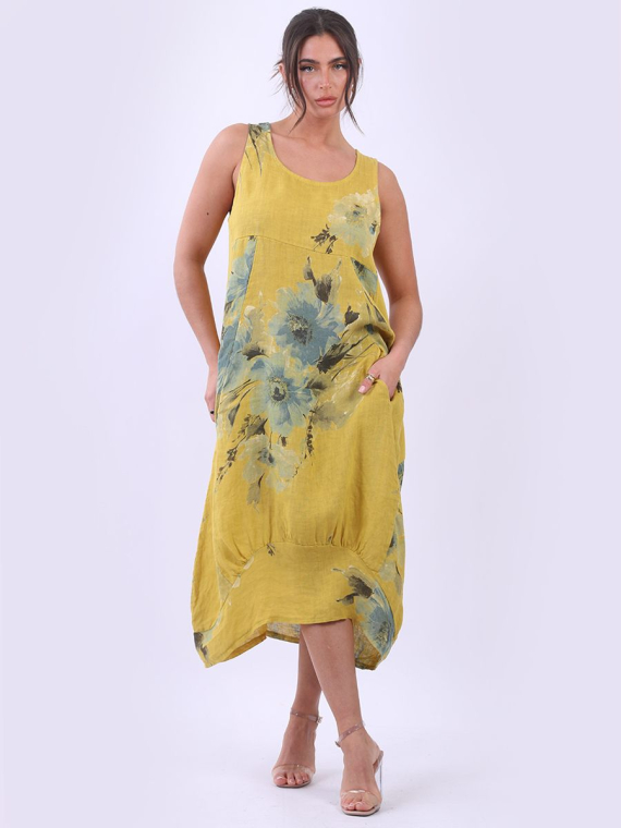 Wholesale Italian Side Ribbed Linen Lagenlook Sleeveless Floral Tank Dress