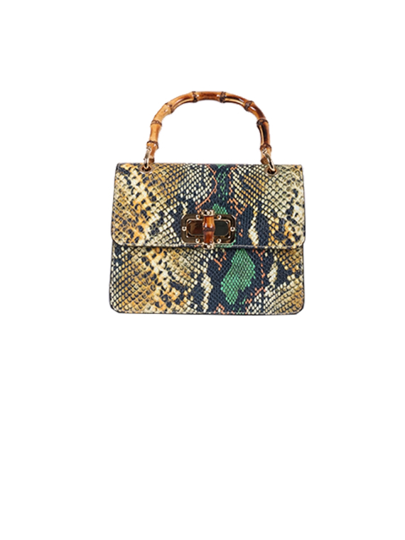 Italian Snake Print Leather Hand Bag-Mustard 