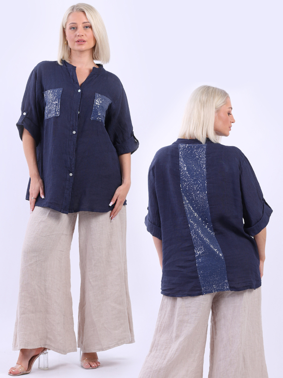 Linen Sequin Button Down Blouse
