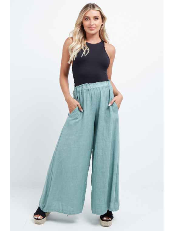 Made In Italy Plain Wide Leg Linen Palazzo Pant
