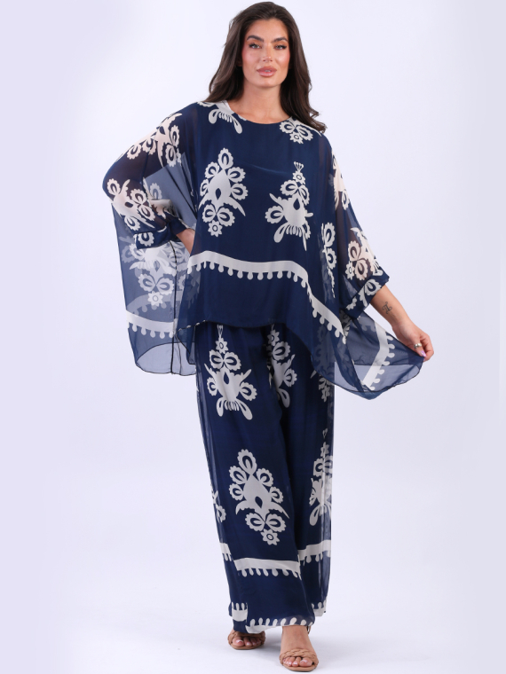 Made In Italy Printed Double Layered Batwing Silk Tunic Top