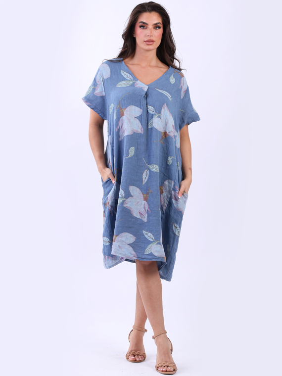 Plus Size Floral Print Lagenlook Linen Dress