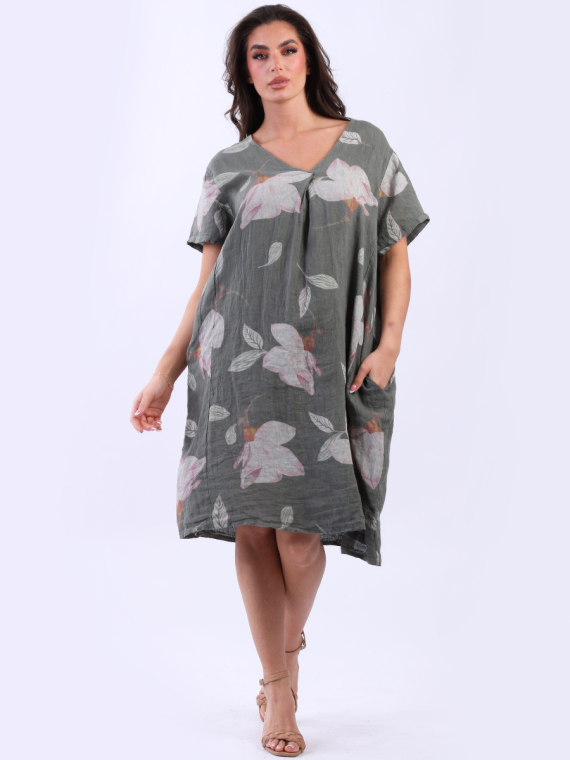 Plus Size Floral Print Lagenlook Linen Dress