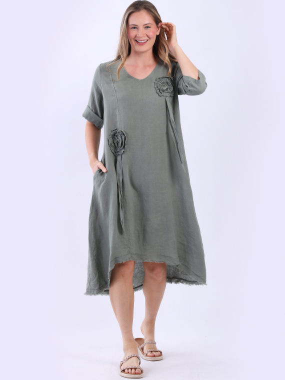 Plus Size Flower Applique Linen Dress
