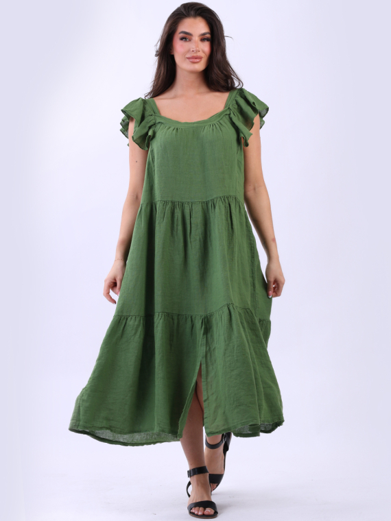Wholesale Plus Size Ruffle Trim Tiered Linen Maxi Swing Dress