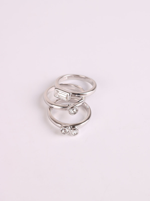 Rhodium Plated Crystal Three Rings Set