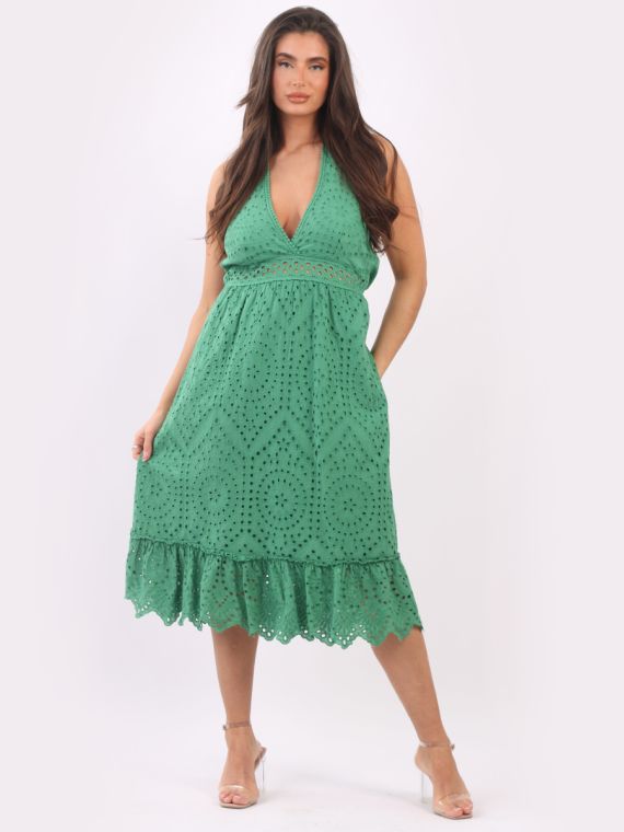 Emerald green strappy thick lace frill hem midi dress hotsell