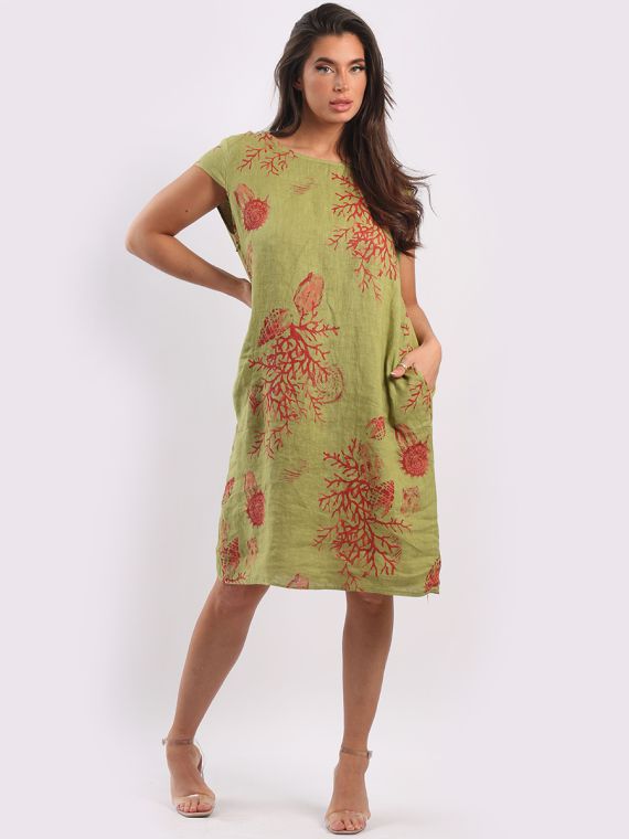 Wholesale Italian Coral Reef Print Linen Lagenlook Midi Shift Dress