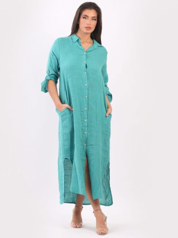 Wholesale Italian Plain Front Buttons Linen Lagenlook Long Shirt Dress
