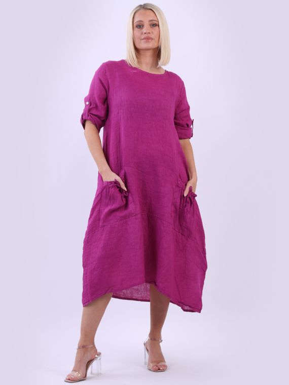 Wholesale Italian Plain Front String Pockets Linen Lagenlook Oversized  Slouchy Dress