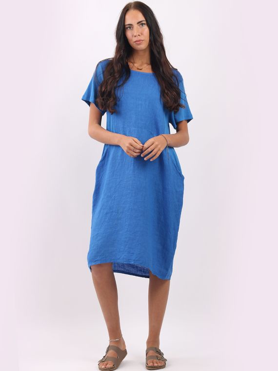 Wholesale Italian Plain Linen Ribbed Sides Lagenlook Oversized Midi Dress
