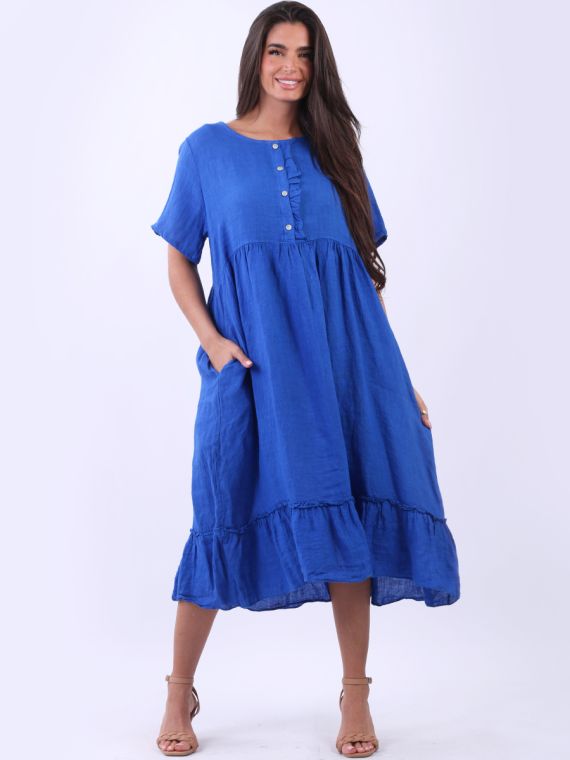 Wholesale Italian Plus Size Women Lagenlook Solid Linen Ruffle Dress