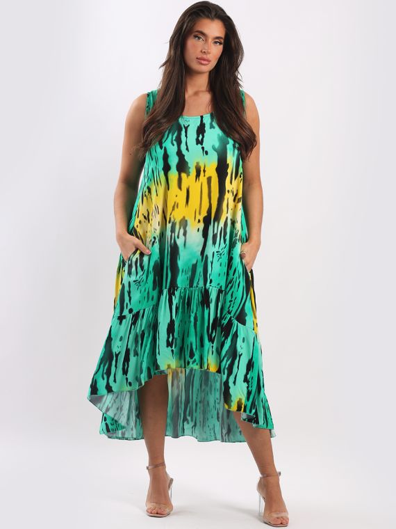 Wholesale Italian Sleeveless Digital Tie Dye Print Ruffle Dip Hem