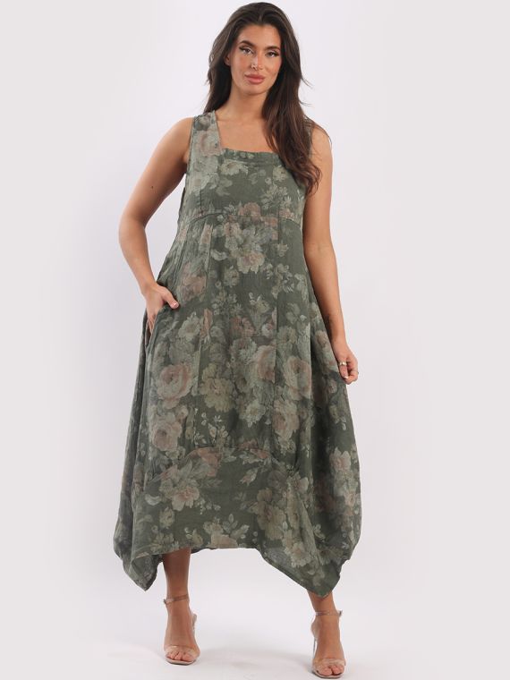 Italian Square Neck Floral Print Sleeveless Linen Dress