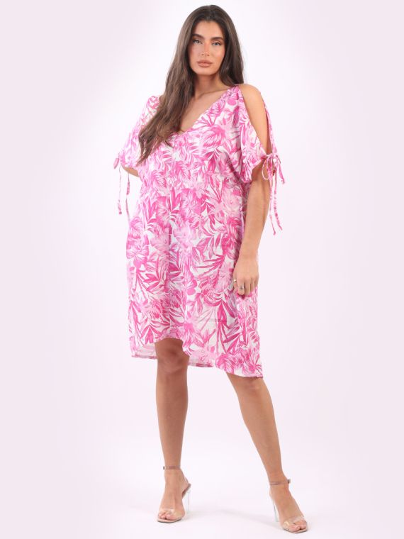 Italian Tropical V Neck Cold Shoulder Linen Beach Dress