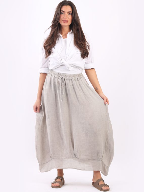 Made In Italy Plain Vintage Wash Linen Midi Skirt