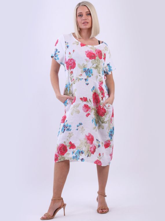 Wholesale Made In Italy Side Ribbed Linen Lagenlook Floral Dress
