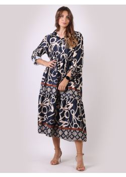 Italian Abstract Print Lagenlook Tiered Patches Maxi Shirt Dress