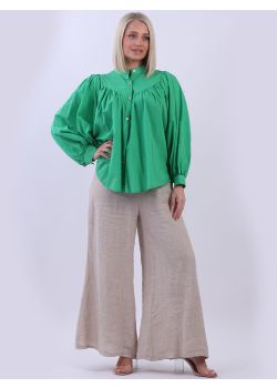 Italian Button Down Batwing Puff Sleeves Cotton Baggy Crop Blouse