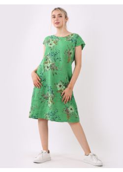 Italian Cap Sleeves Side Ribbed Sides Pocket Floral Lagenlook Linen Dress