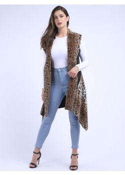 Italian Contrast Leopard Print & Faux Leather Sleeveless Lagenlook Cardigan
