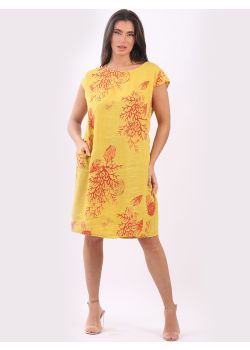 Italian Coral Reef Print Linen Lagenlook Midi Shift Dress