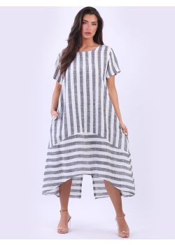 Italian Dipped Hem Linen Lagenlook Stripy Dress