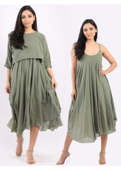 Italian Dual Style Pleated Cotton Lagenlook Summer Cami Dress