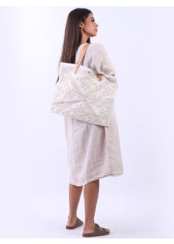 Italian Floral Pattern Canvas Tote Bag-Beige