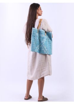 Italian Floral Pattern Canvas Tote Bag-Sky Blue