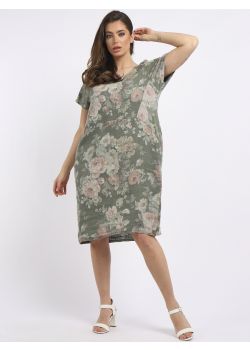 Italian Floral Print Side Ribbed Linen Lagenlook Dress