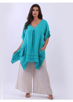 Italian Front Pockets Linen Tunic Top  